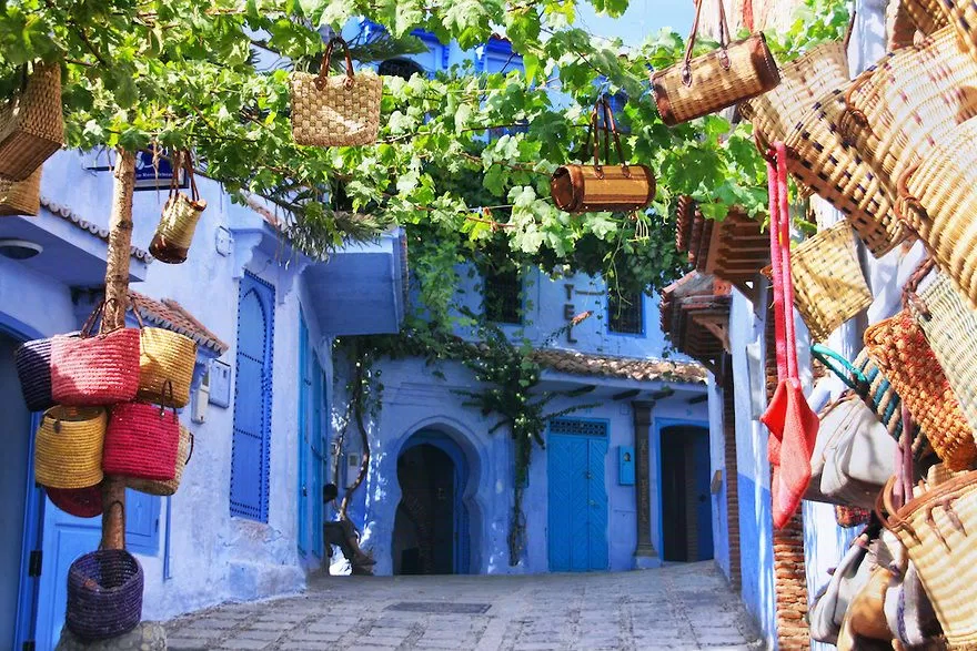 Handmade handbags for sell in the medina of Chefchaouen, Morocco.