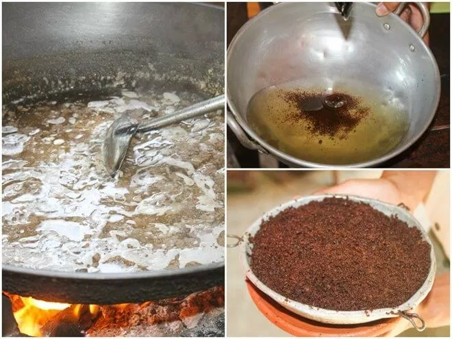Nước cũng trong dần và đáy nồi có lớp cợn màu trắng ngà và từ từ chuyển sang màu vàng hoặc vàng nâu là bạn đã có dầu dừa là lớp nước trong rồi đấy. (ảnh: internet)