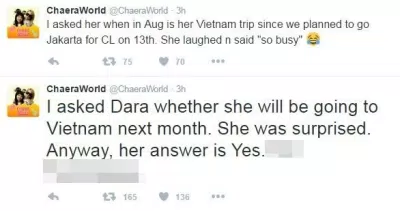 Hai dòng tweet của tài khoản fansite có tên Chaeraworld đăng tải về lời chia sẻ của Dara (ảnh: internet)