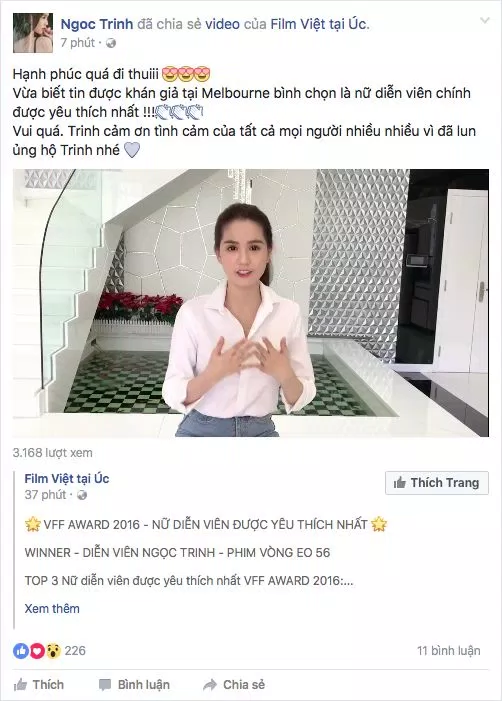 Status chia sẻ của Ngọc Trinh veef giải thưởng bất ngờ này (ảnh: internet)