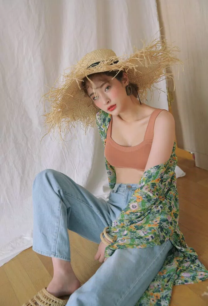 cardigan và quần jeans dáng rộng