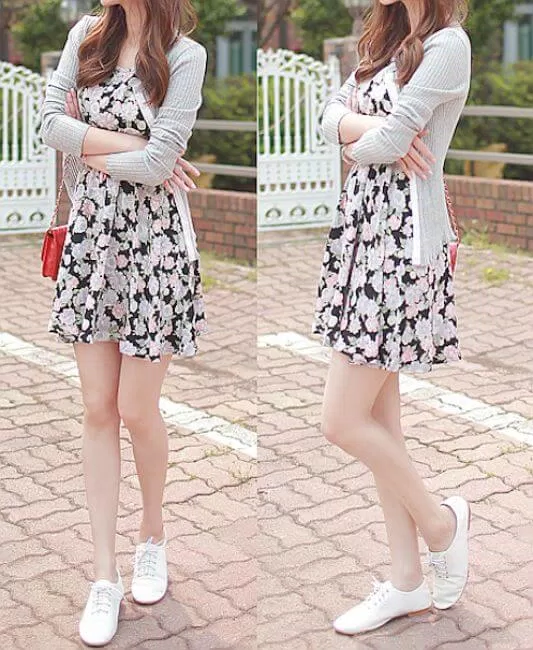 cardigan và váy họa tiết