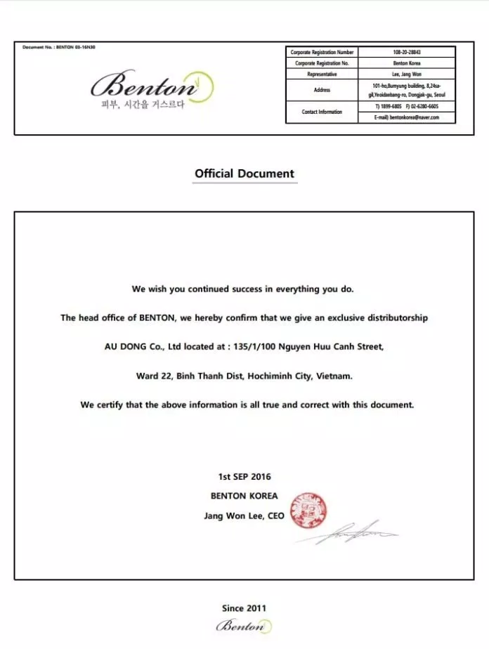 Chứng nhận của Benton Việt Nam