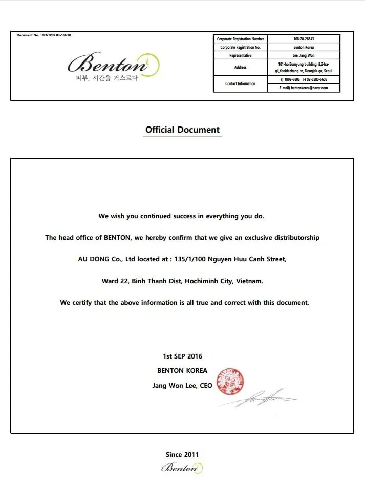 Chứng nhận của Benton Việt Nam