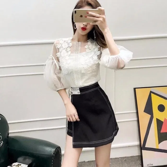 Áo lưới phối ran tay bồng