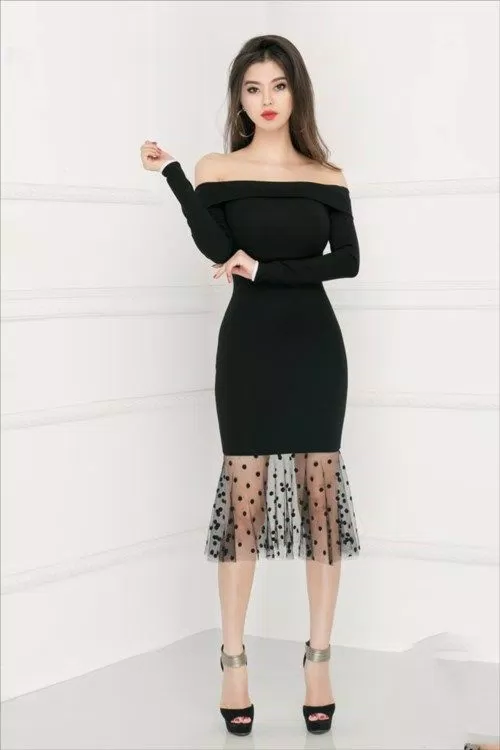 đầm trễ vai phối lưới đuôi cá