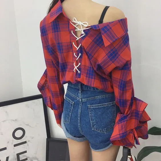 Sơ mi trễ vaSơ mi trễ vai mặc ngượci đan dây lưng