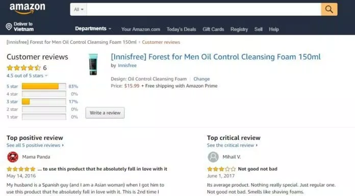 83% khách hàng trên Amazon chấm 5 sao cho Innisfree Forest for Men Oil Control Cleansing Foam. (ảnh: BlogAnChoi)