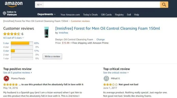 83% khách hàng trên Amazon chấm 5 sao cho Innisfree Forest for Men Oil Control Cleansing Foam. (ảnh: BlogAnChoi) 83% khách hàng trên Amazon chấm 5 sao cho Innisfree Forest for Men Oil Control Cleansing Foam. (ảnh: BlogAnChoi)