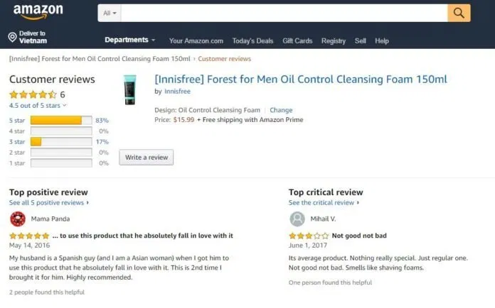 83% khách hàng trên Amazon chấm 5 sao cho Innisfree Forest for Men Oil Control Cleansing Foam. (ảnh: BlogAnChoi) 83% khách hàng trên Amazon chấm 5 sao cho Innisfree Forest for Men Oil Control Cleansing Foam. (ảnh: BlogAnChoi)