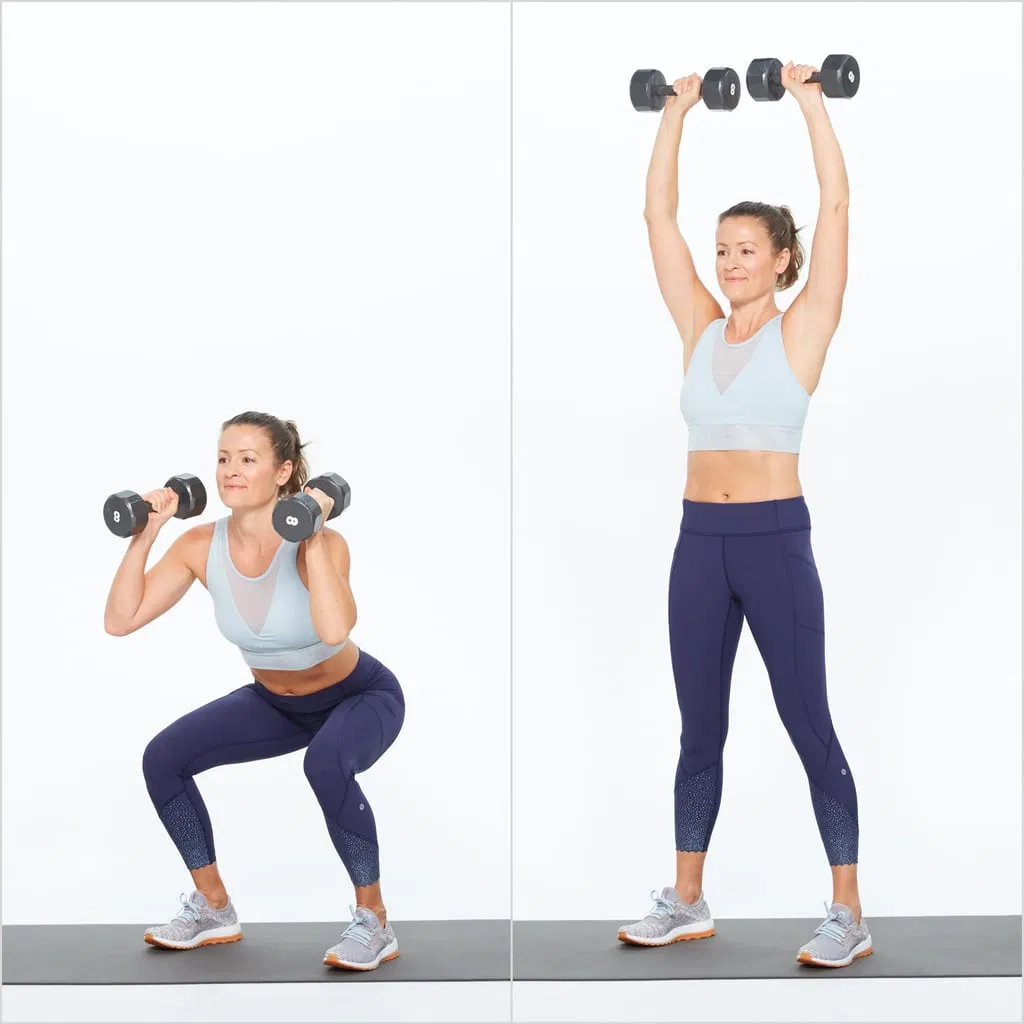 Squat kết hợp đưa tạ qua đầu
