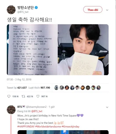 Jin BTS Jin BTS viết thư tay cho fan hâm mộ vào ngày sinh nhật
