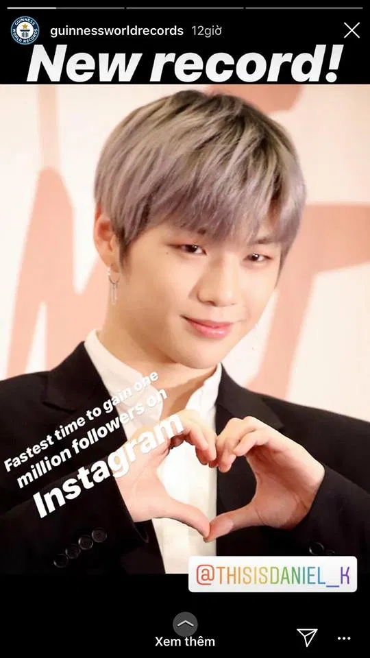 Guinness thông báo kỷ lục của Kang Daniel trên Instagram (Ảnh: guinnessrecordworld)