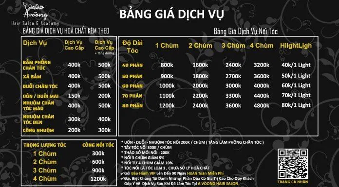 Bảng giá dịch vụ tại A Vòong Hair Salon & Academy. (Nguồn: A Vòong Hair Salon & Academy)