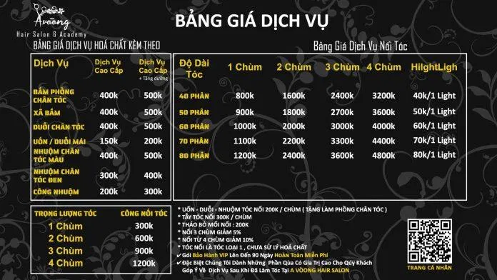 Bảng giá dịch vụ tại A Vòong Hair Salon & Academy. (Nguồn: A Vòong Hair Salon & Academy)