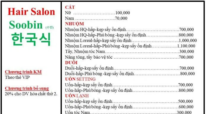 Dịch vụ làm tóc tại Salon Soobin có giá khá mềm phù hợp với tất cả mọi người. (Nguồn: Internet)