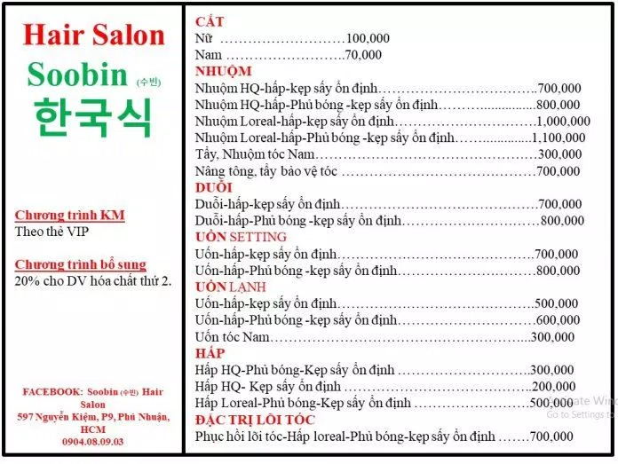 Dịch vụ làm tóc tại Salon Soobin có giá khá mềm phù hợp với tất cả mọi người. (Nguồn: Internet)