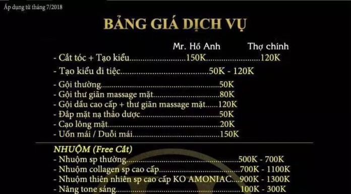 Bảng giá dịch vụ của Samie (Nguồn: Samie HairColor Salon&Studio)