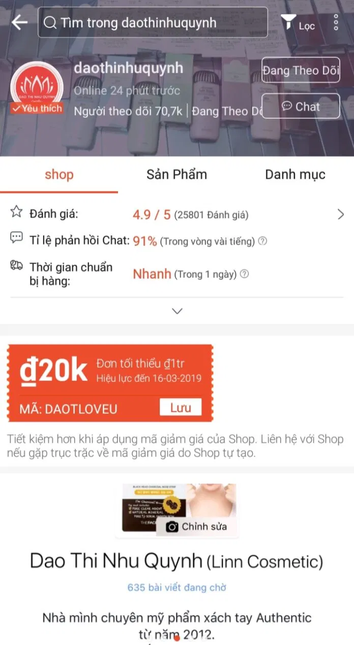 Kênh Shopee của Linn Comestic (Nguồn: Daothinhuquynh)