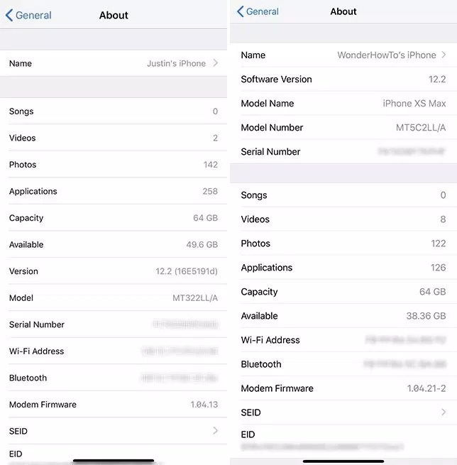 Phần About (Giới thiệu) trước (ảnh trái) và sau khi cập nhật lên iOS 12.2 (ảnh phải)