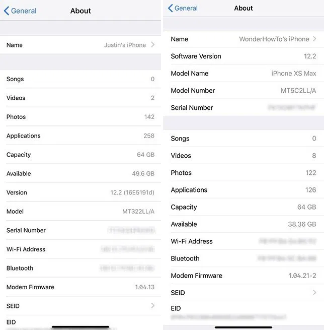 Phần About (Giới thiệu) trước (ảnh trái) và sau khi cập nhật lên iOS 12.2 (ảnh phải)