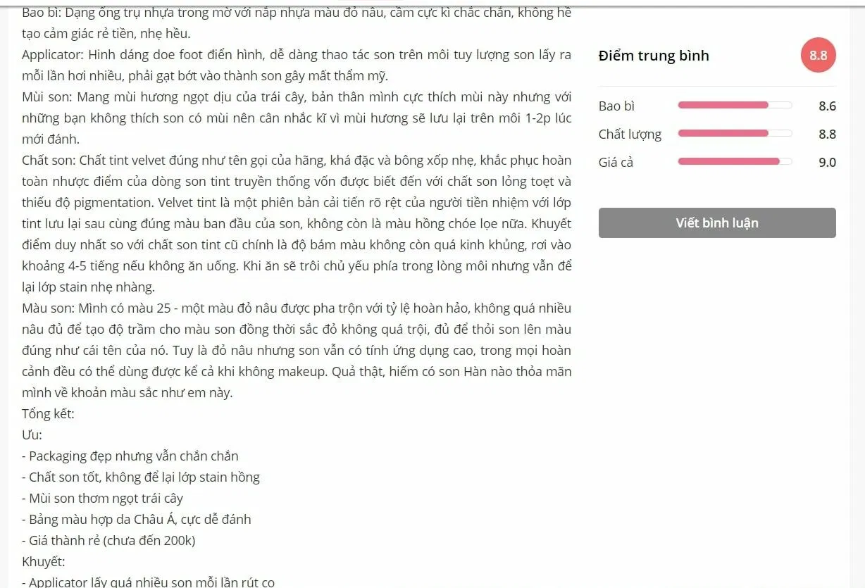 Đánh giá của khách hàng trên trang Sheis (nguồn: BlogAnChoi)