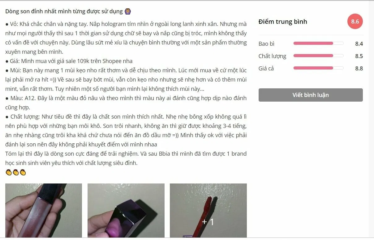Đánh giá của khách hàng trên Sheis (nguồn: BlogAnChoi)