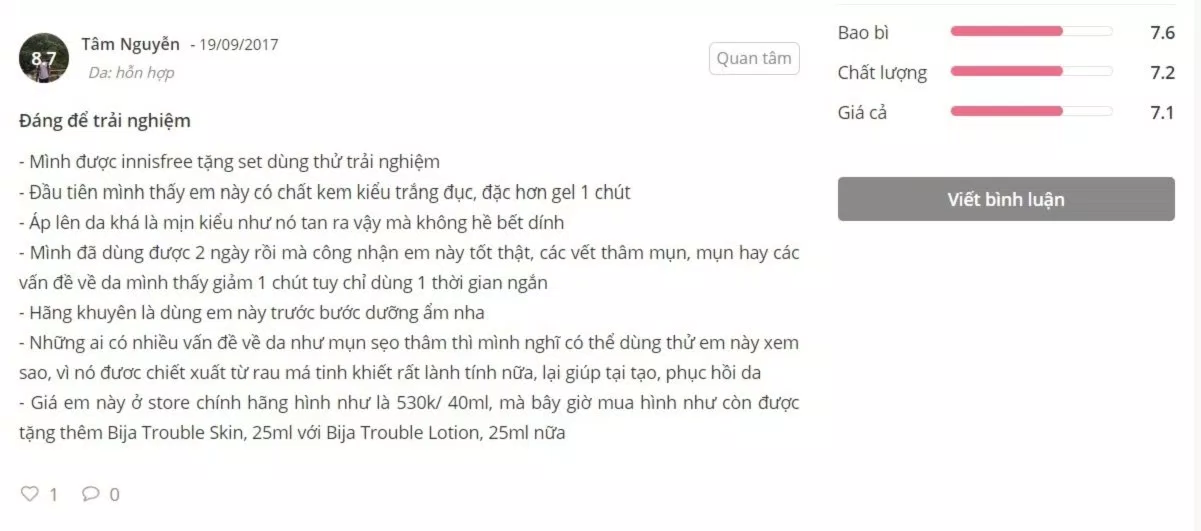 Đánh giá khách hàng sử dụng sản phẩm Bija Cica Balm. (Nguồn: BlogAnChoi)