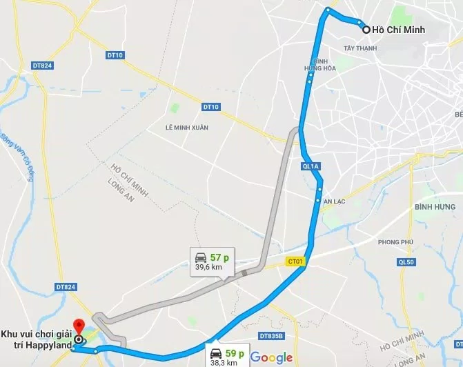 Bản đồ đường đi từ Thành phố Hồ Chí Minh đến Khu du lịch Happeland theo quốc lộ 1a tại đây.