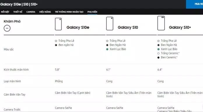 Tất cả thông tin về Gialaxy S10 được thể hiện trên website Samsung từ màu săc đến thông số kỷ thuật