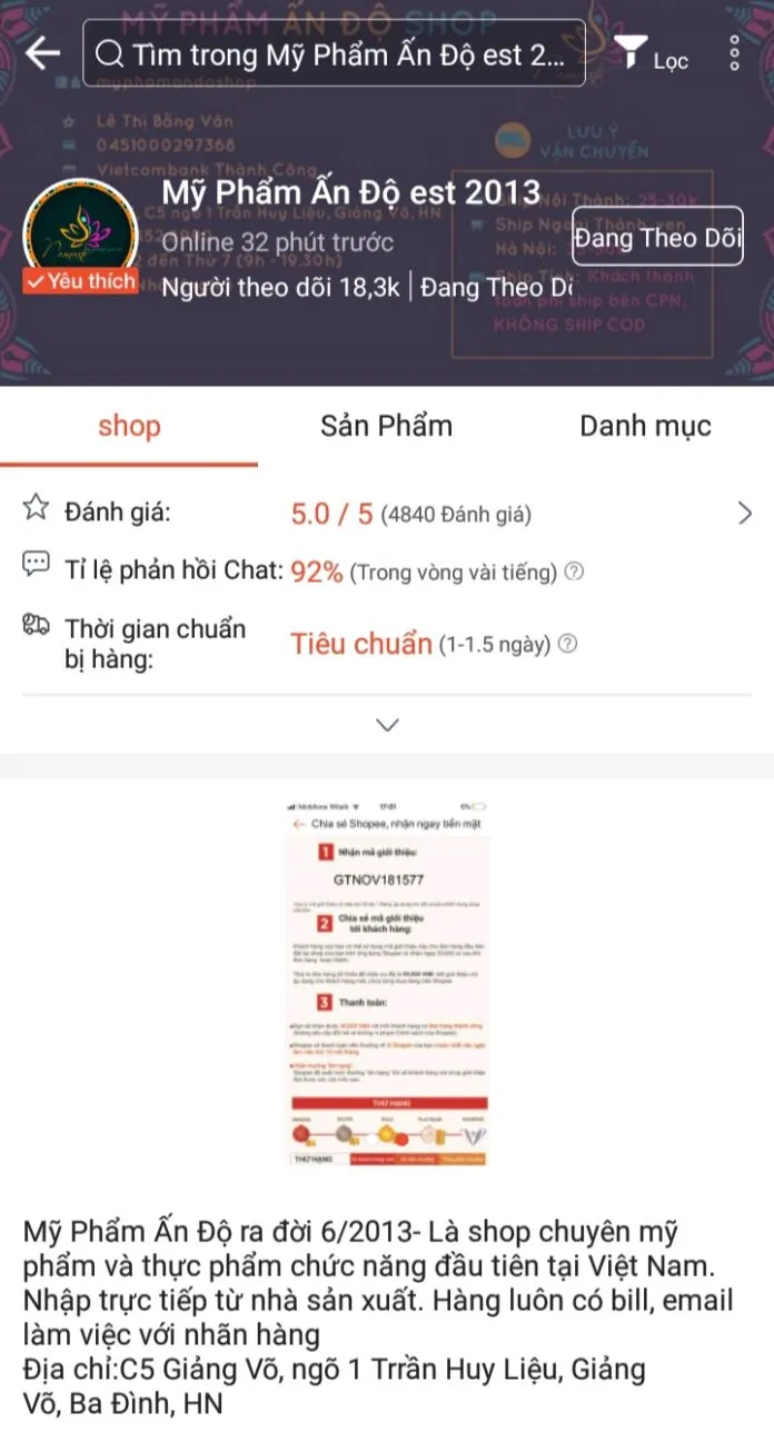 Kênh Shopee của Mỹ Phẩm Ấn Độ (Nguồn: Mỹ Phẩm Ấn Độ) Kênh Shopee của Mỹ Phẩm Ấn Độ (Nguồn: Mỹ Phẩm Ấn Độ)