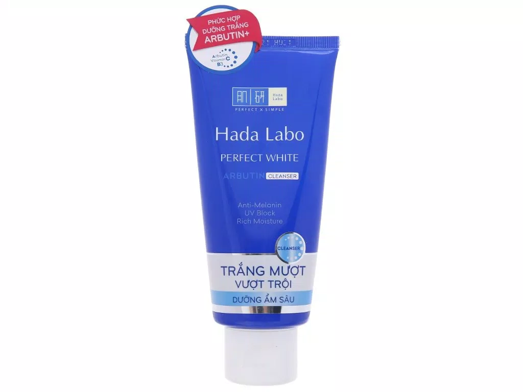 Hada Labo Perfect White Arbutin Cleanser – Tuýp màu xanh, giúp làm trắng da. (Nguồn ảnh: Internet)