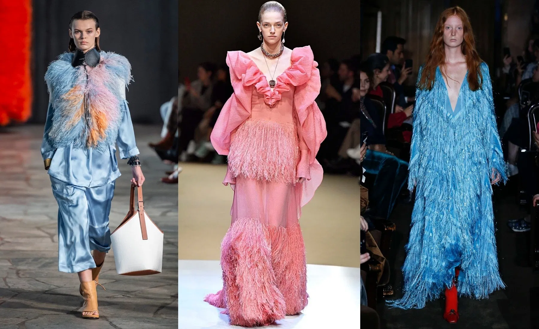 Chi tiết tua rua và lông vũ biến hóa trong các thiết kế của Loewe, Alexander McQueen và Gucci tua rua