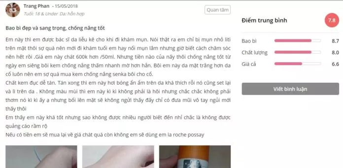 Đánh giá khách hàng về kem chống nắng Eucerin Sun Gel Creme Oil Control SPF 50+ (ảnh: BlogAnChoi)