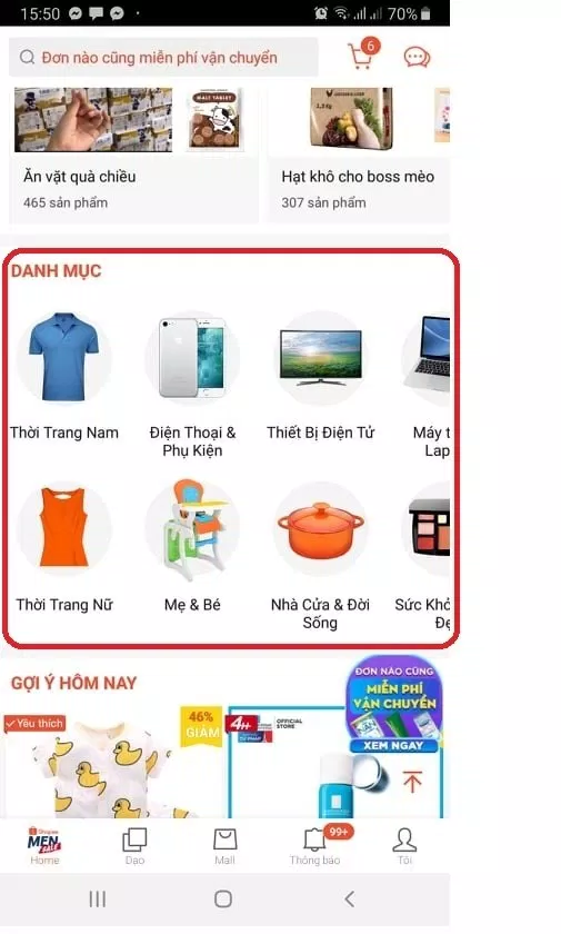 Danh mục tìm kiếm sản phẩm trên điện thoại