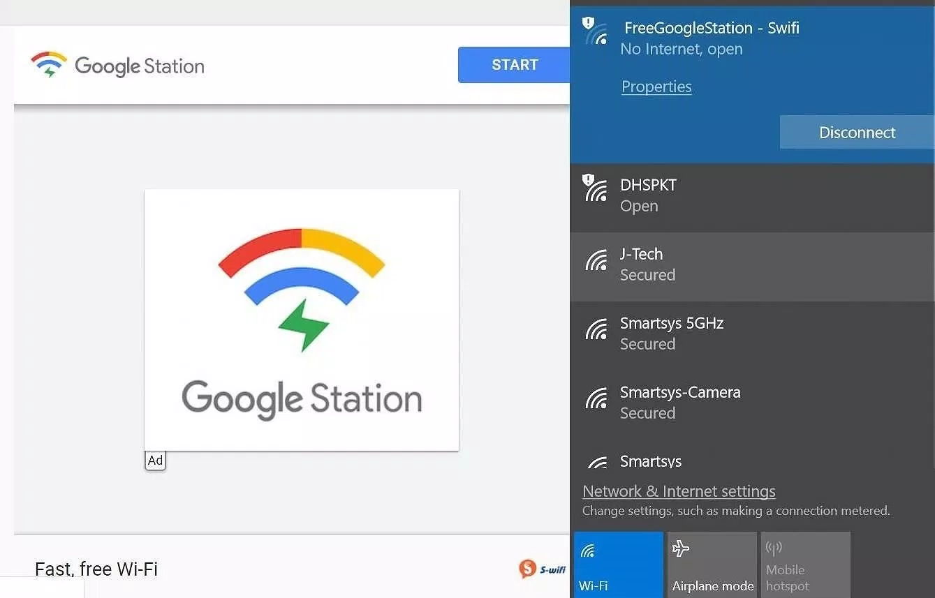 Giao diện khi kết nối của  Google Station có tên là FreeGoogleStaion - Swifi