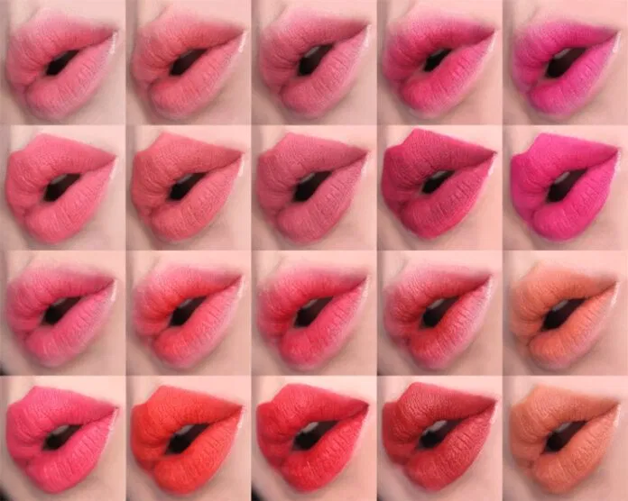 Bảng 10 màu son được swatch cả lòng môi và full môi để các nàng tiện tham khảo (nguồn: Internet)