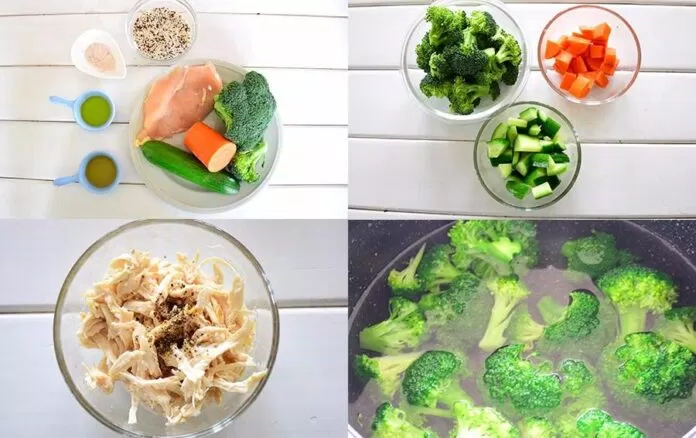 Cách làm bento cơm diêm mạch + ức gà + bông cải xanh