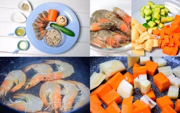 Cách làm cơm diêm mạch + tôm luộc + rau củ xào