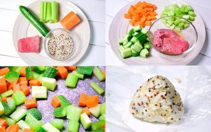 Cách làm bento cơm nắm diêm mạch + thịt bò + rau củ xào