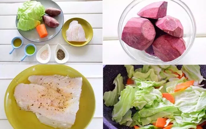 Cách làm bento khoai lang tím + cá bơn + bắp cải xào cà rốt