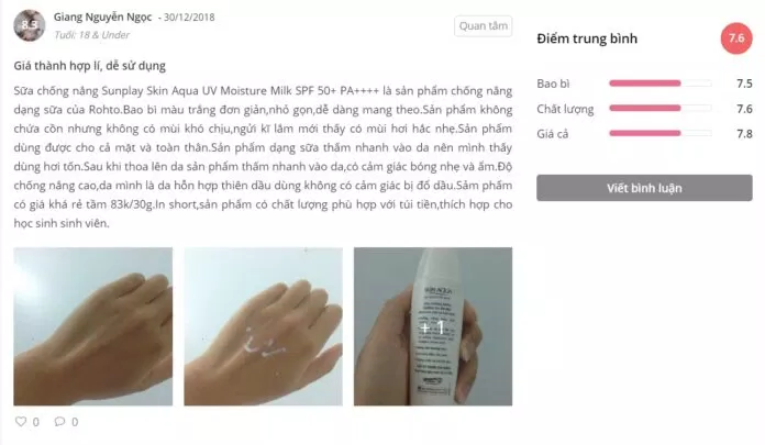 Đánh giá của khách hàng đã từng dùng Sunplay Skin Aqua UV Moisture Milk SPF 50+ PA ++++ tại Sheis
