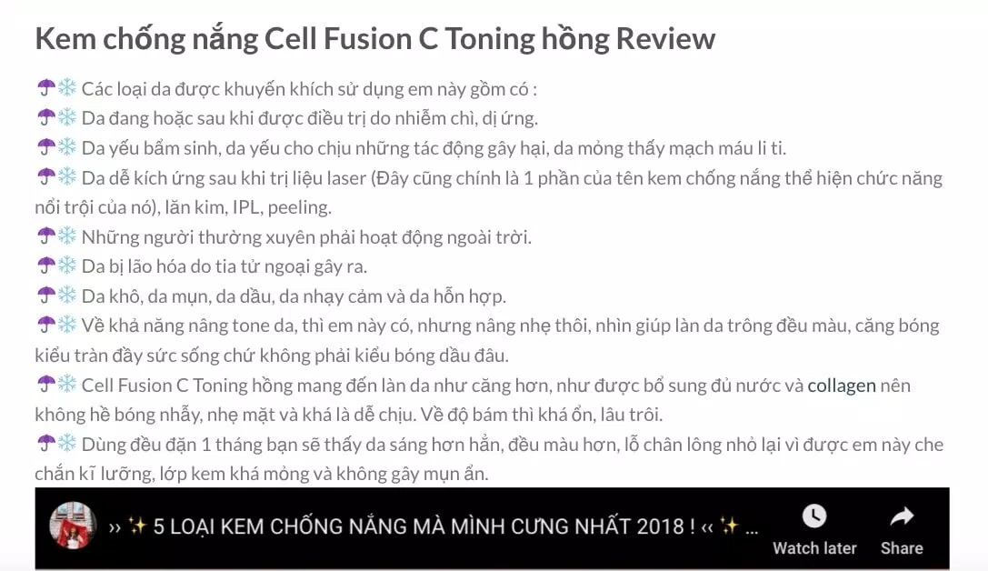 Đánh giá của khách hàng đã sử dụng kem chống nắng Cell Fusion C Toning 100 SPF 50+ PA++++. (Nguồn: Internet)