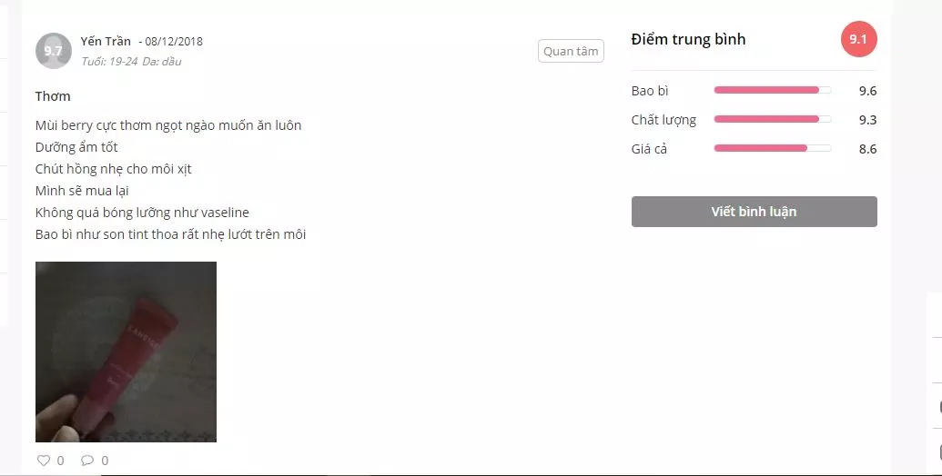 Đánh giá khách hàng sử dụng Laneige Clip Balm trên Sheis. (Nguồn: BlogAnChoi)