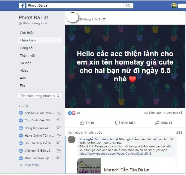 Đật phòng qua Facebook
