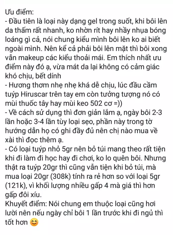 Ưu điểm của gel trị sẹo Hiruscar (Nguồn: Internet)