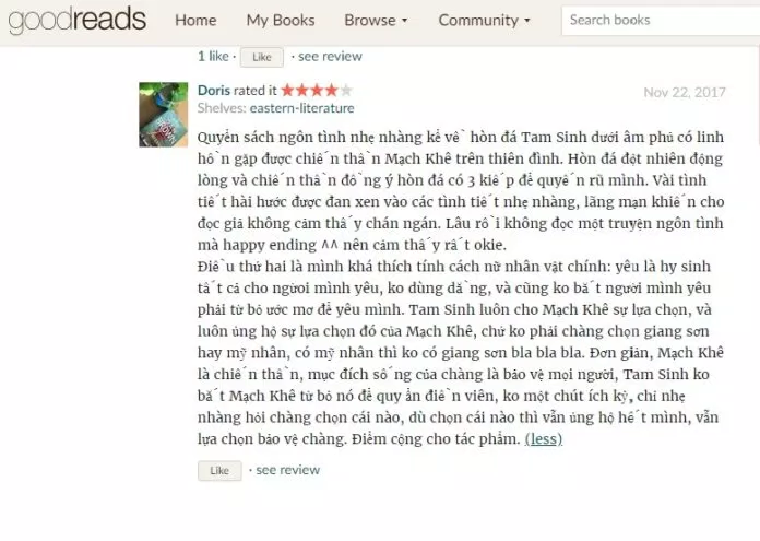 Một độc giả có cái nhìn khá sâu sắc về tình yêu của Tam Sinh dành cho Mạch Khê (Nguồn ảnh: Internet)
