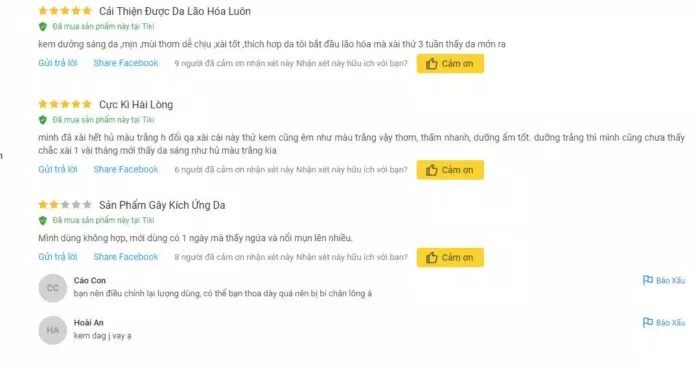 Đánh giá khách hàng đã sử dụng sản phẩm trên tiki. (Nguồn: BlogAnChoi)