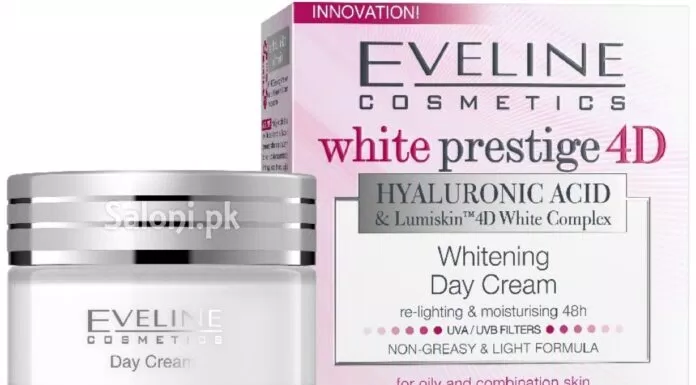 Kem Eveline Cosmetics White Prestige 4D Whitening ứng dụng công nghệ Lumiskin™ 4D ưu việt kết hợp với hoạt chất dưỡng ẩm sâu Hyaluronic acid và Lipomoist (ảnh: internet).