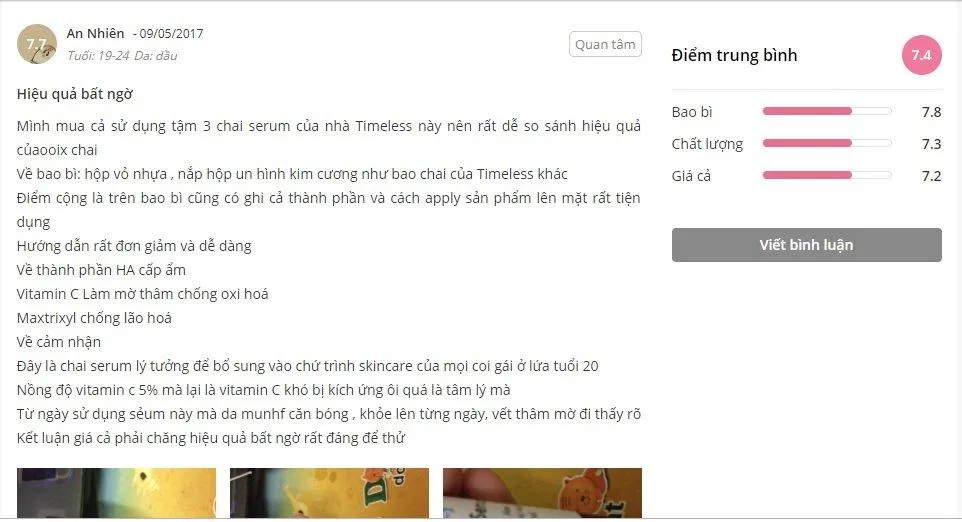 Đánh giá về hiêu quả bất ngờ của Timeless Hyaluronic Acid Vitamin C Serum (Nguồn: BlogAnChoi) Đánh giá về hiêu quả bất ngờ của Timeless Hyaluronic Acid Vitamin C Serum (Nguồn: BlogAnChoi)
